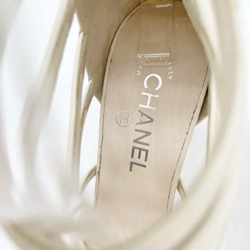 Chanel Ivory Leather Caged Coco Tower Chain Link Heel Ankle Zip Sandals EU 39